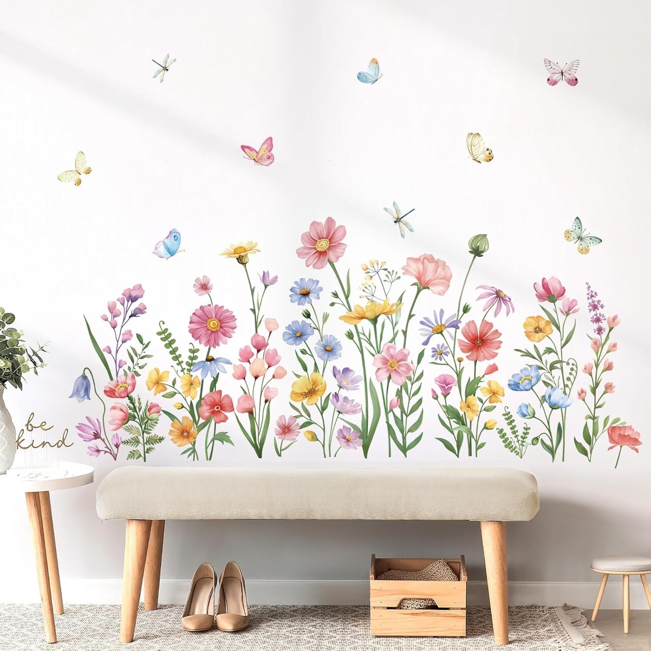 Pink Wildflower Wall Stickers Garden Flower Daisy Butterflies Floral Botanical Wall Art Decals